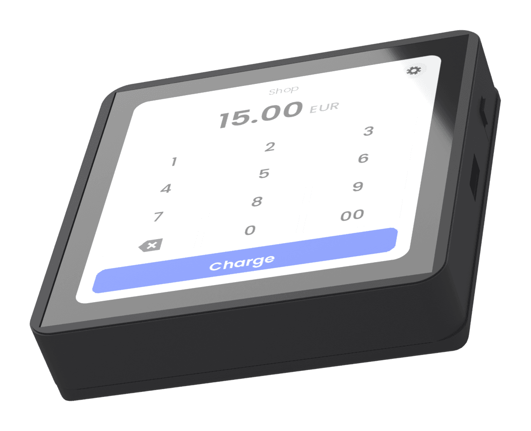 Citizen Terminal on a counter, its keypad showing a €15.00 charge